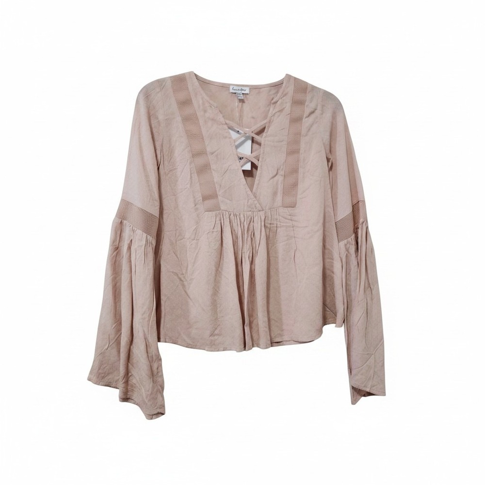 Love Fire Womens‎ Blush Pink Boho Lace Up Bell Sleeve Crochet Blouse XS BFTW8063